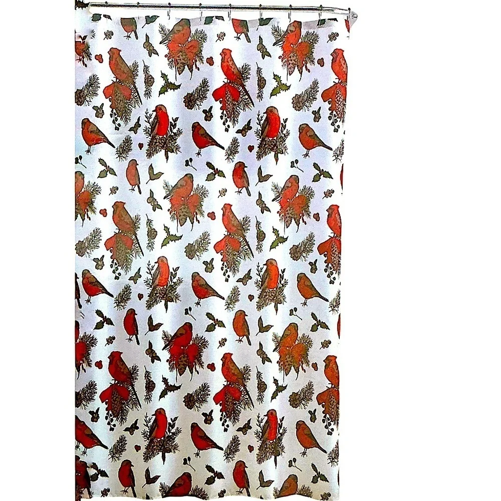 Christmas Cardinals Birds Winter Holiday Fabric Shower Curtain White Red 70 x 72